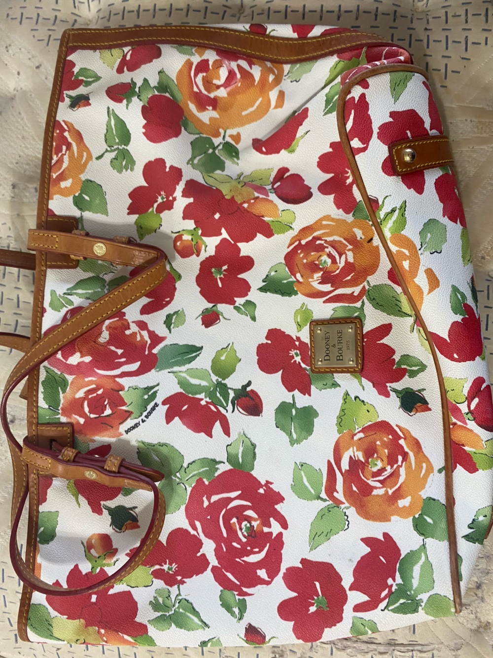 Dooney & Bourke White Floral Tote with Red and Orange Blooms
